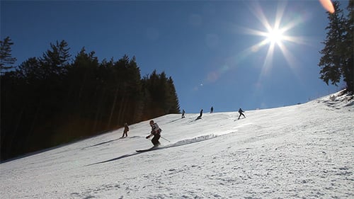 Skiing and Snowboarding on Sunny Mountain Slope