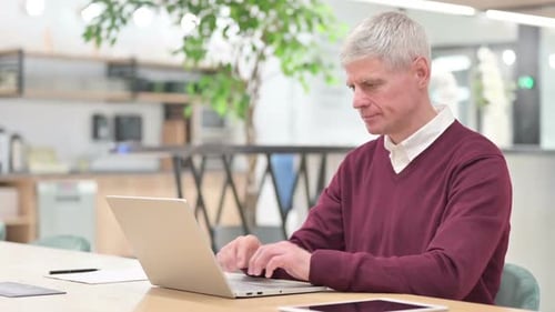 Man with Gray Hair Working on Laptop