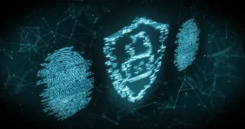 Fingerprint scanner and security padlock icon against network of connections