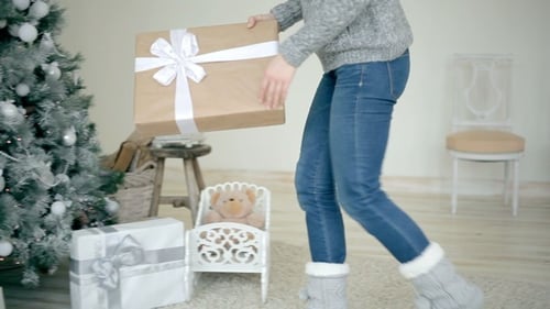 Woman Places Christmas Gift under Decorated Tree