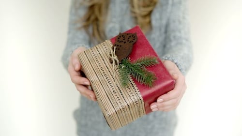 Woman Holding Wrapped Gift With Owl Ornament