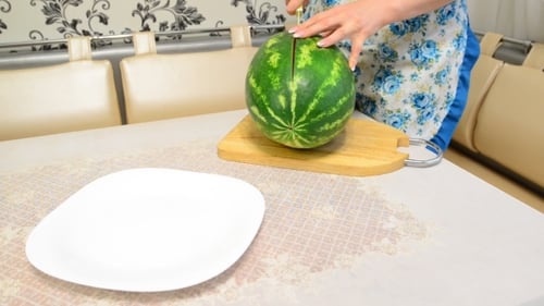 Woman Cuts Big Ripe Watermelon