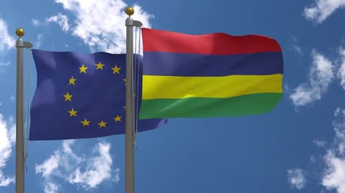 European Union and Mauritius Flags Waving on Flagpoles