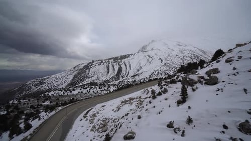 Snowy Mountain Road in Winter Landscape