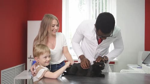 Child with Mother Visits Veterinarian with Cat