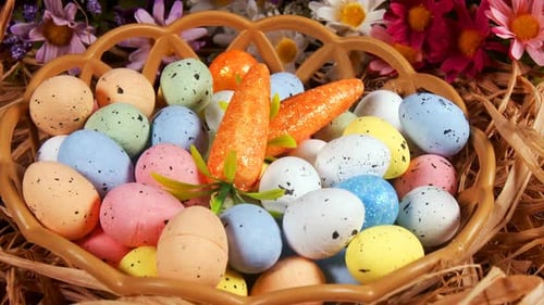 Festive Easter Eggs and Carrots in Basket