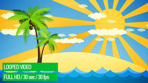 Looping Flat Design Island with Palm Tree and Sunny Sky