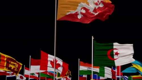 Waving Flag of Bhutan with International Flags Background