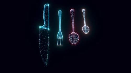Futuristic Neon Wireframe Kitchen Utensils Animation