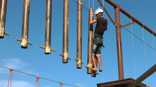Young Adult Navigating a Ropes Course on a Sunny Day