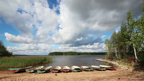 Landscape Boats On Lake -