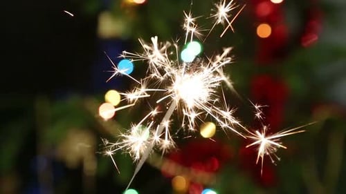 Sparkling Sparkler with Christmas Tree Background