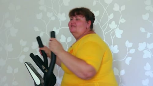 Overweight Woman Exercising On Trainer Ellipsoid 2
