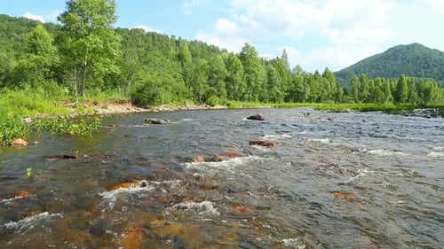 Landscape Mountain River Flowing Over Rocks At Summer 2