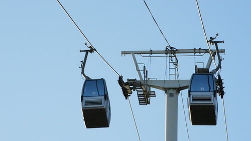 Cable Cars Passing Over Pylon on Clear Day