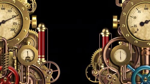Animated Steampunk Mechanical Frame with Moving Gears and Gauges