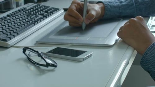Hands Use Tablet Pen at Office Workplace