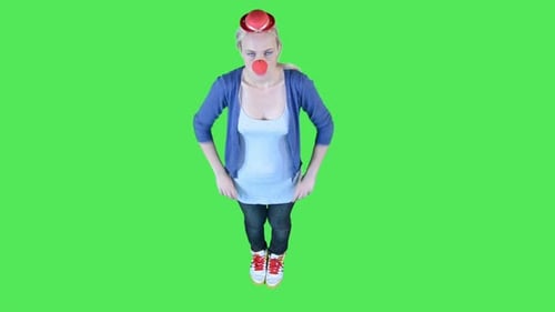 Woman Wearing Clown Nose Gives Thumbs Down Gesture