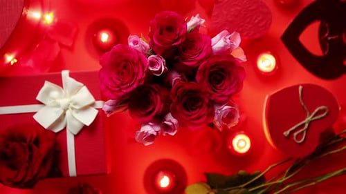 Romantic Valentine's Day Roses and Gifts on Red