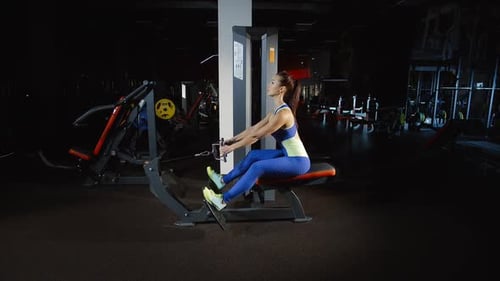 Pretty Female Bodybuilder Training Hands Exercising on Rowing Machine in Gym
