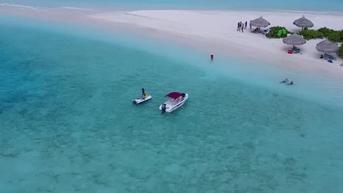 Drone texture of tourist beach time by clear lagoon with sand background