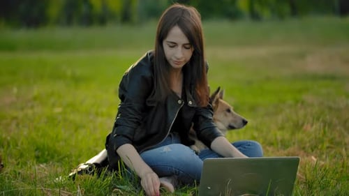 A Freelancer Girl Opens Her Laptop for Work While Sitting on a Meadow in a Park Next To Her Dog.