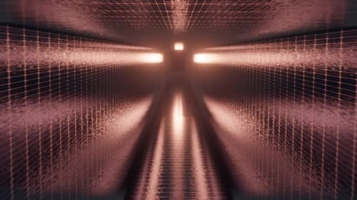Futuristic Digital Tunnel with Glowing Grid Lines and Abstract Light