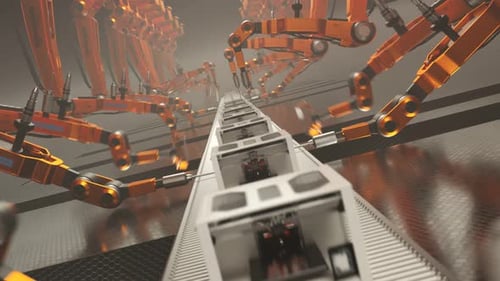 Efficient robotic arms assembling 3d printer on a factory line in a loop. 4k HD