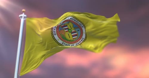 Honolulu City and County Flag Waving in Slow Motion with Realistic Fabric