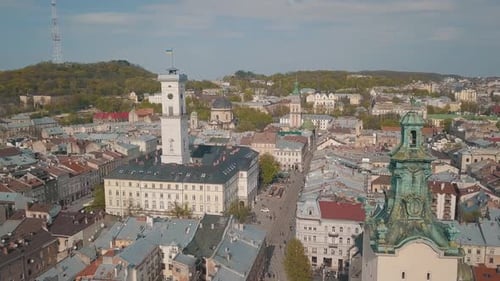 Aerial City Lviv, Ukraine. European City. Popular Areas of the City. Town Hall