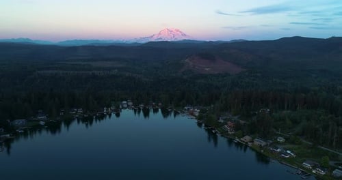 Mt Rainier Sunset Red Color Reflection Above Clear Lake