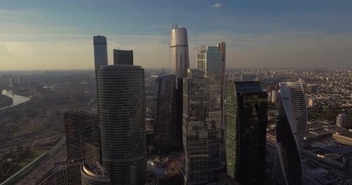 Aerial View of Moscow International Business Center at Sunrise When Sun Is Behind Clouds. Moscow