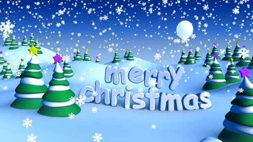 Merry Christmas Text Reveal in Festive Winter Landscape with Snowflakes