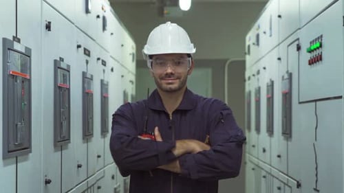 Smiling Engineer Wearing Hard Hat Standing in Factory