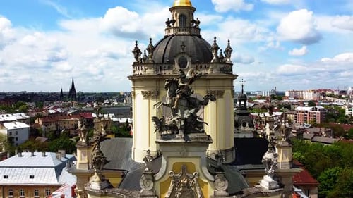 Aerial drone view of a flying over the Catholic Cathedral