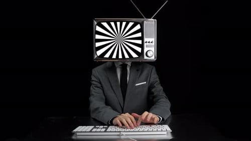 Person with Television Head Typing on Keyboard