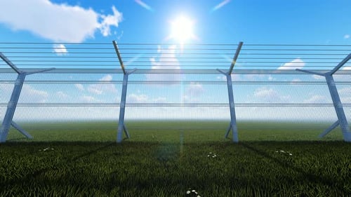 Barbed Wire Fence Animation with Green Field and Sunny Sky