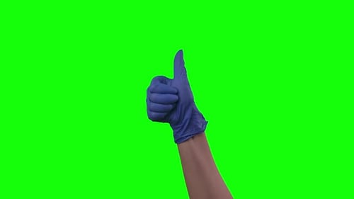 Blue Glove Hand Gives Thumbs Up on Greenscreen