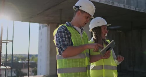 Professional Engineers in Safety Vests and Helmets Working with Digital Tablet and Blueprints.