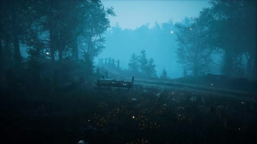 Misty Forest Landscape with Magical Glowing Particles