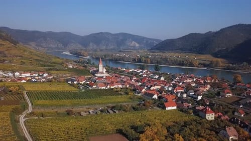 Aerial of Weisenkirchen, Wachau Valley, Austria