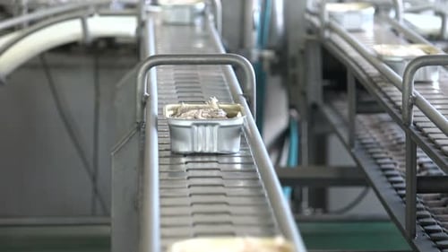Canned Food Products on Conveyor Belt in Factory