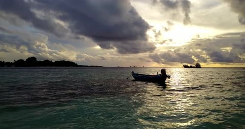 Wide angle aerial island view of a summer white paradise sand beach and turquoise sea background