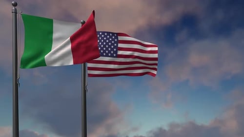 Waving Flags of Italy and the United States Against a Cloudy Sky