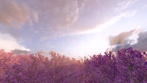 Spring Landscape with Flying Butterflies and Purple Flowers