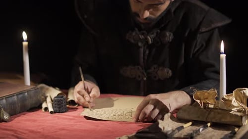 Man Writing with Quill by Candlelight in Dark Setting