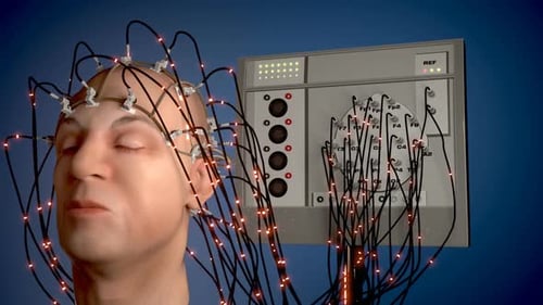 Electroencephalography machine analyzing activity of a human brain. Closeup. HD