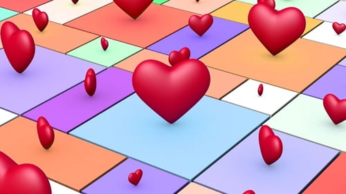 Looping Animation of Bouncing Red Hearts on a Colorful Grid