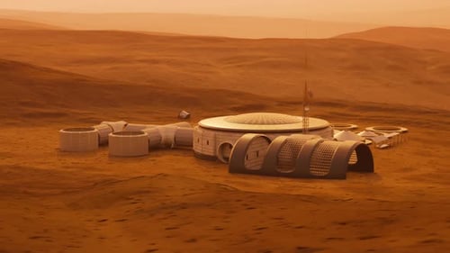 Mars base, building process. Expedition on alien planet. Martian colony.