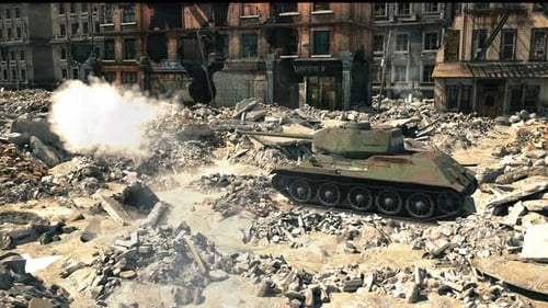 Military Tank Fires in Destroyed City Ruins Animation